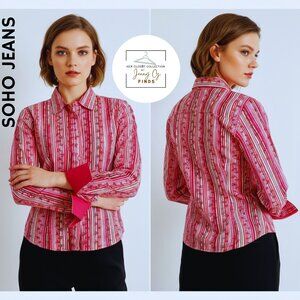 SOHO Jeans Hot Pink Stripes Florals LS Woven Womens ButtonUp Shirt Jr. Sz L NWT